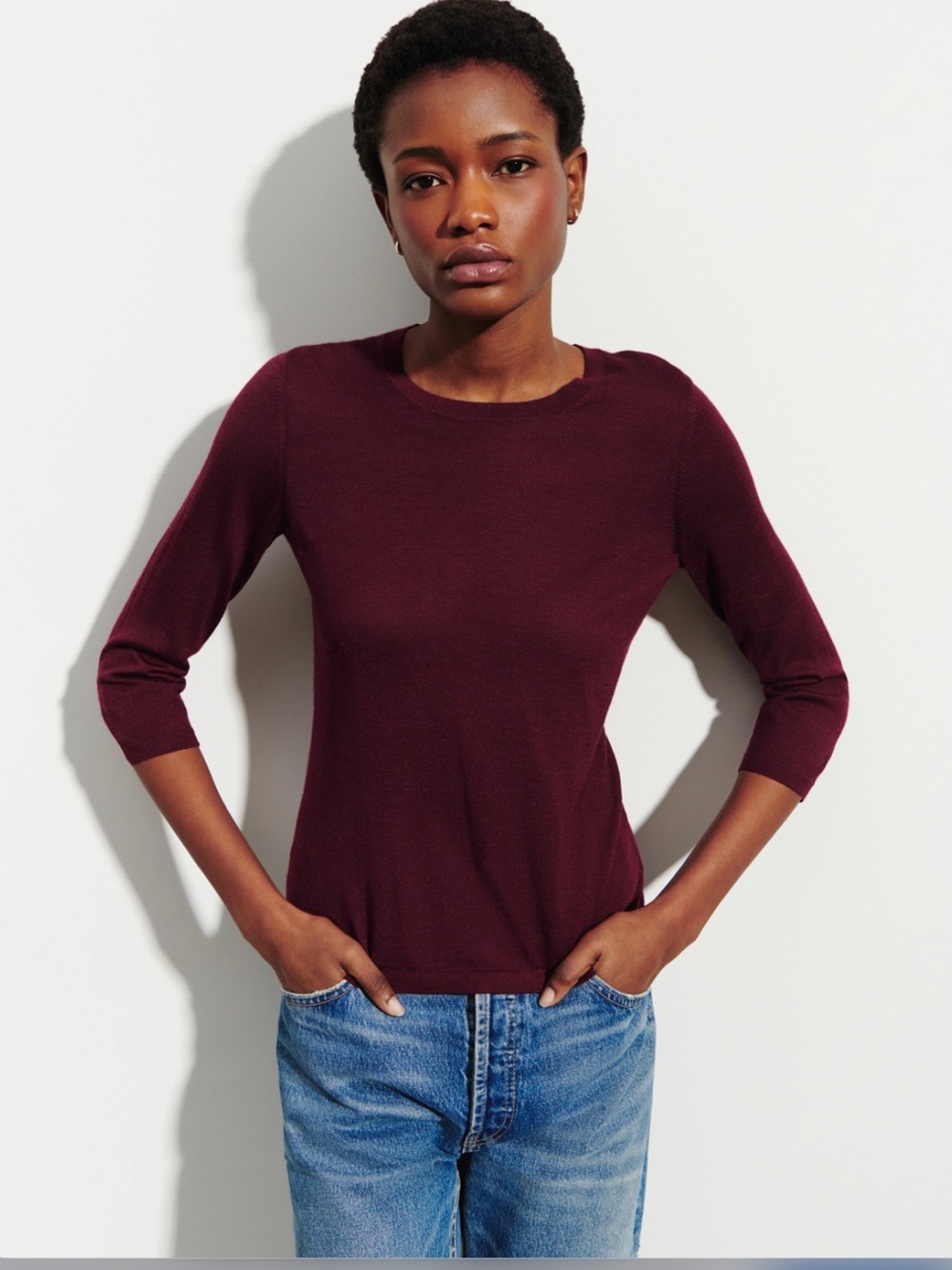 Reformation Slim Crewneck sweater Top in Deep Burgundy soft organic cotton